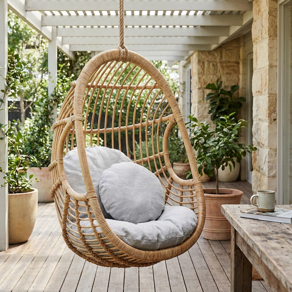 Grey cushions fitted in a hanging egg chair on a patio