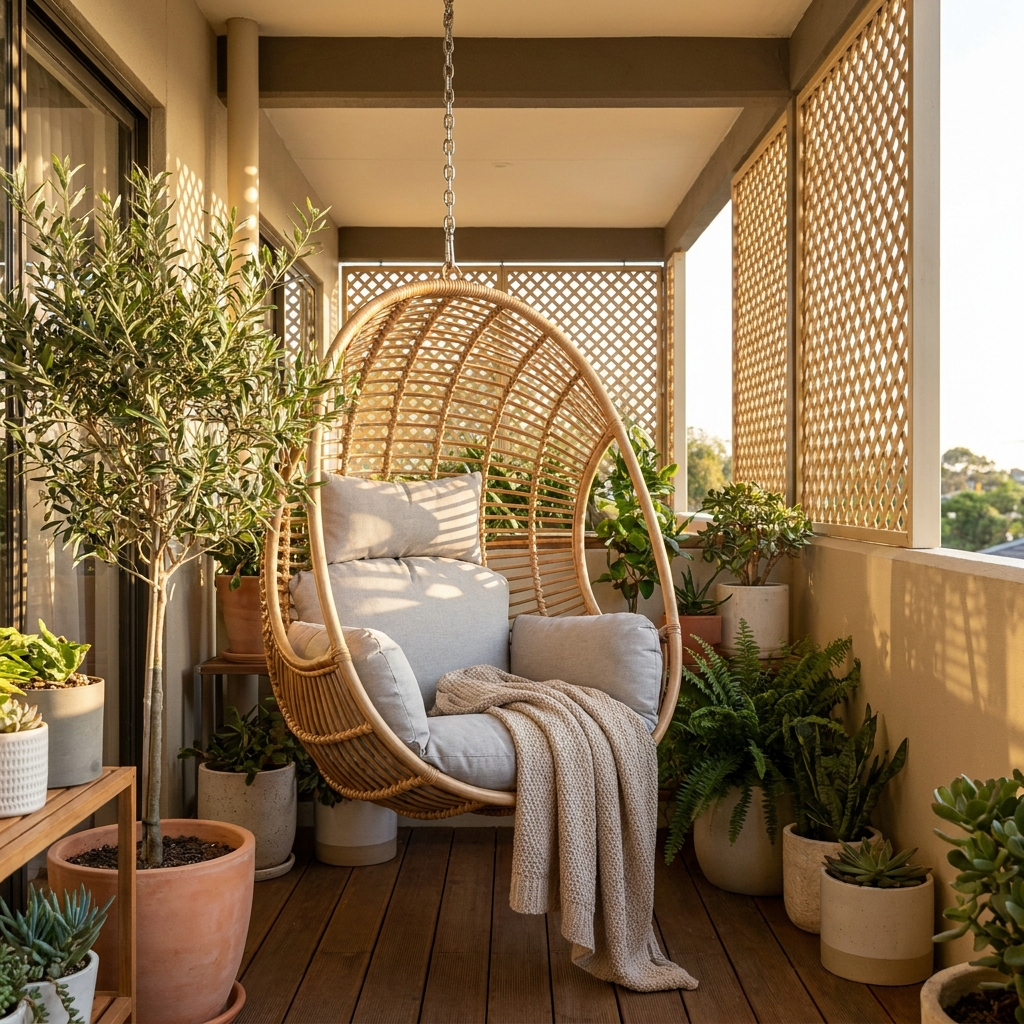 Rattan hanging egg chair with grey cushions on a balcony