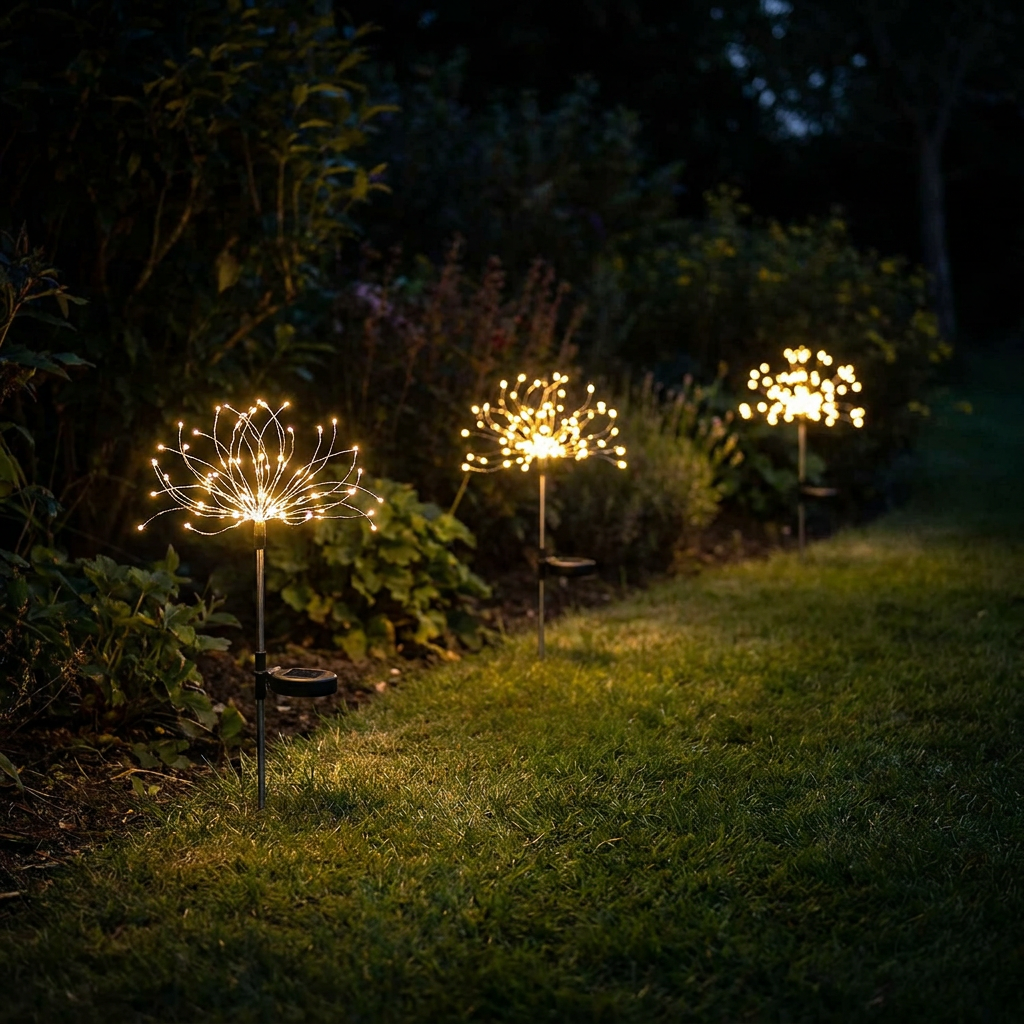 Firework burst solar lights glowing in a garden at night