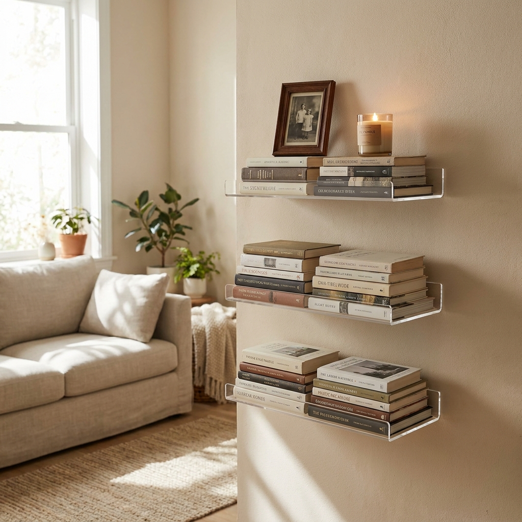 Floating bookshelves styled in a living room