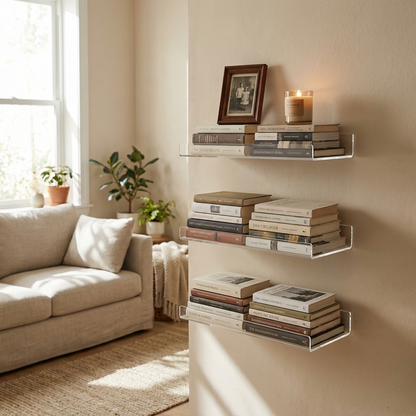 Floating bookshelves styled in a living room