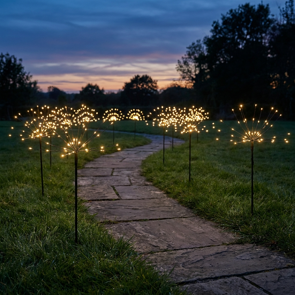 Firework burst solar lights lining a garden path at dusk