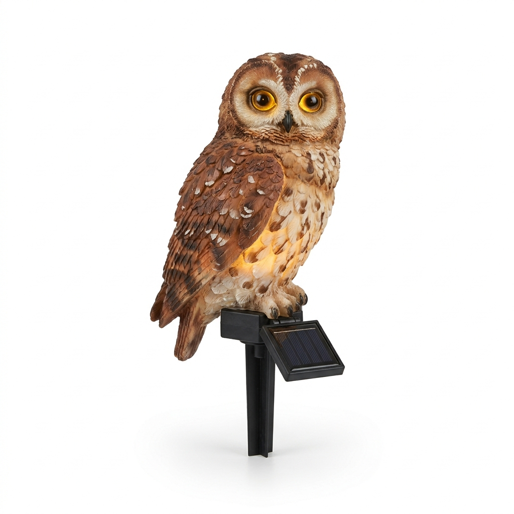 Solar owl garden stake light on white background
