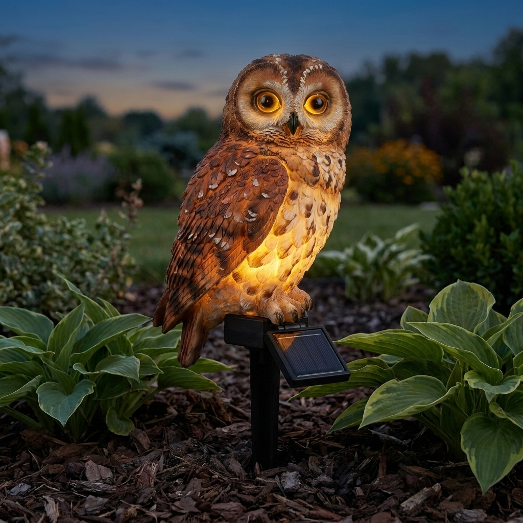 Solar owl stake light glowing in a garden bed at dusk