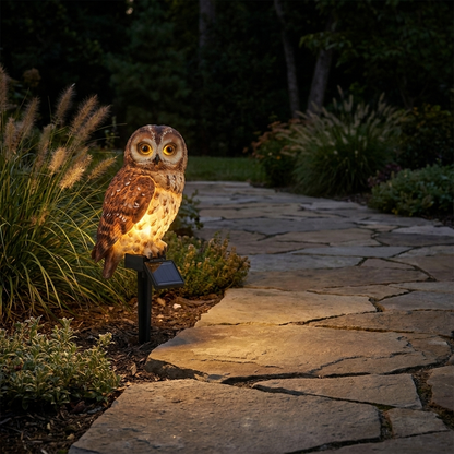 Solar owl stake light beside a garden path in the evening
