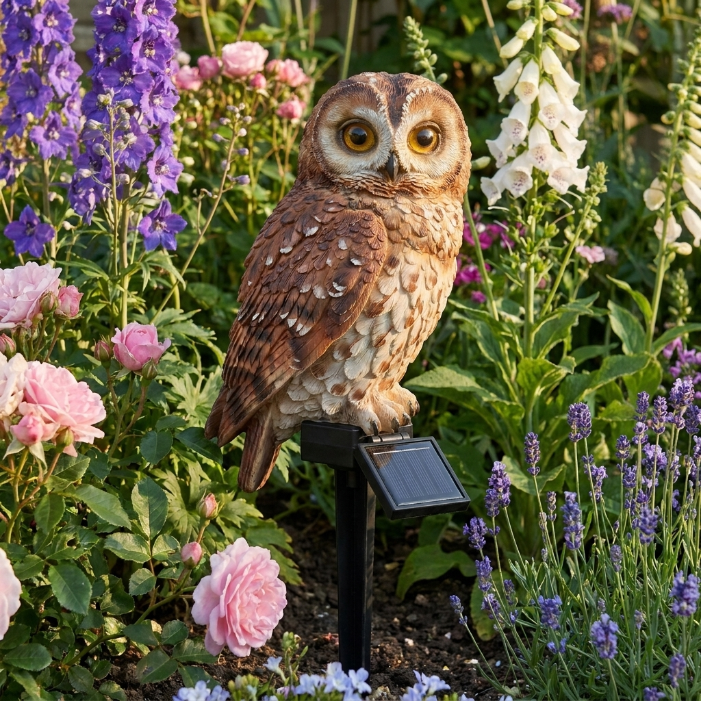 Solar owl stake light among cottage garden flowers in daylight