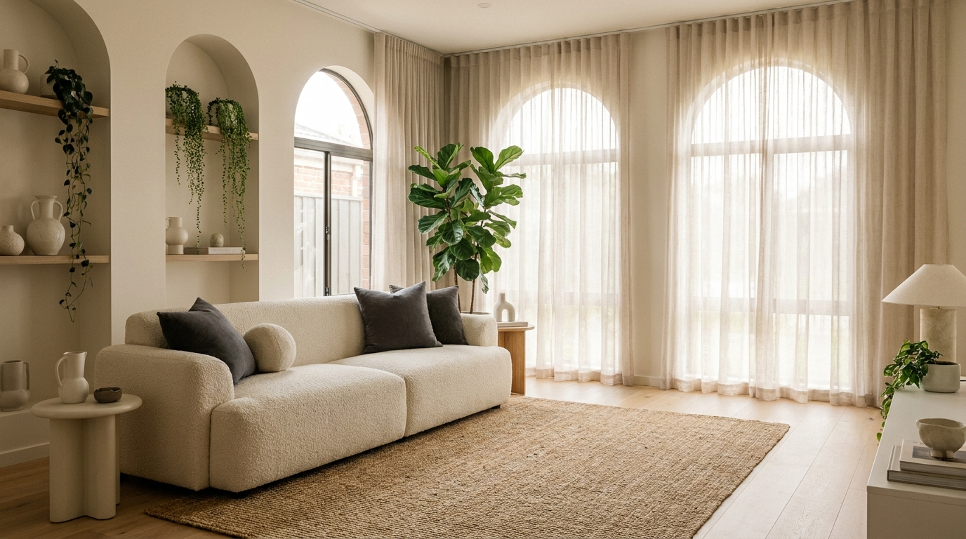 Modern sunlit living room with cream sofa, indoor plants and arched windows