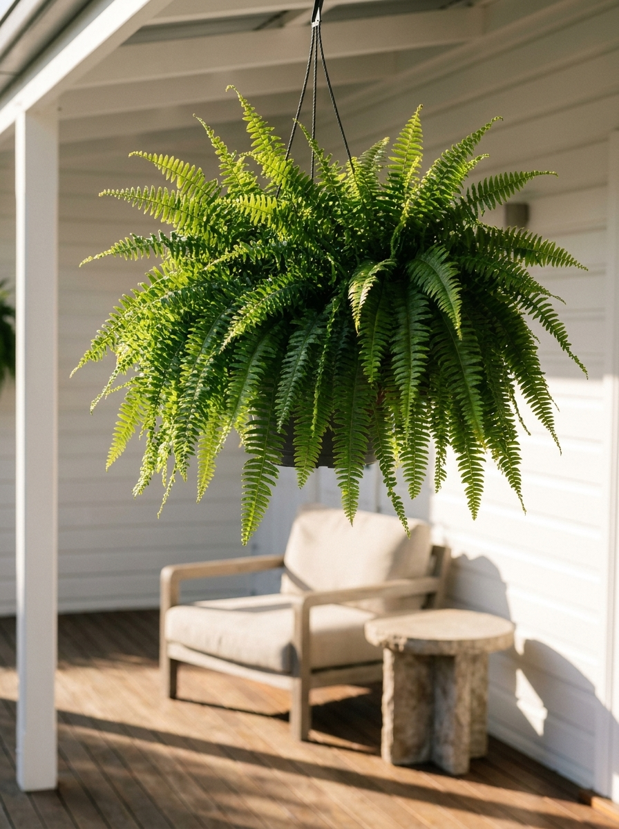Hanging Boston fern on a covered porch in morning light