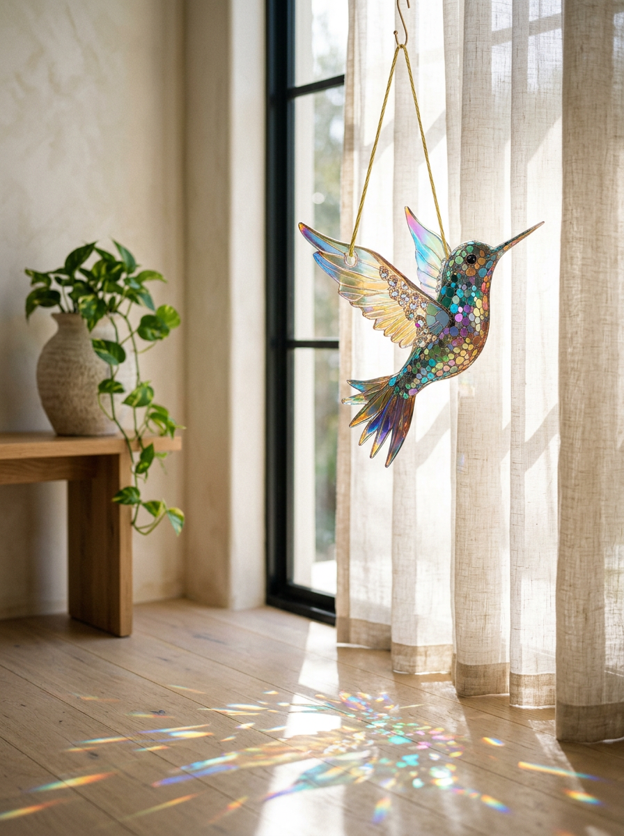 Stained glass hummingbird suncatcher in a sunlit window