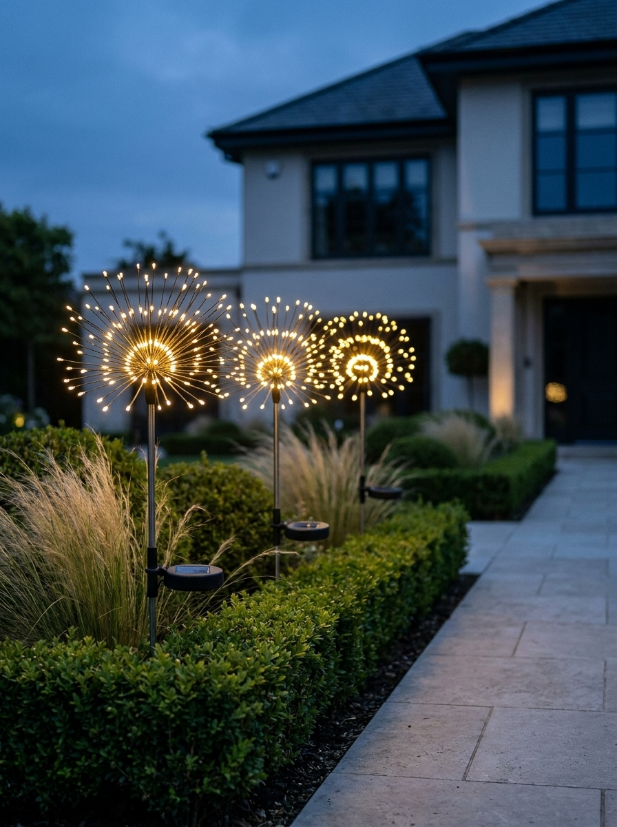 Firework burst garden lights in a manicured garden bed at twilight