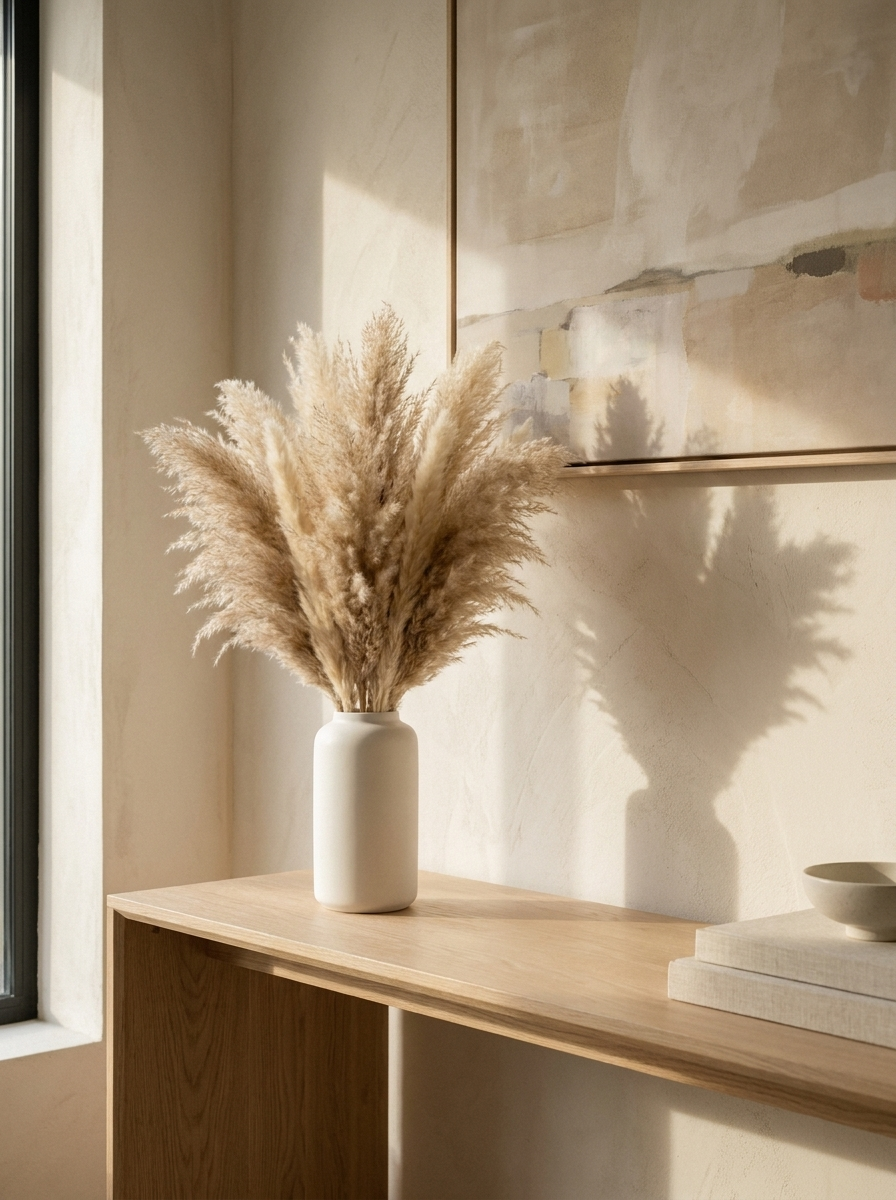 Pampas grass arrangement in a ceramic vase on an oak console table