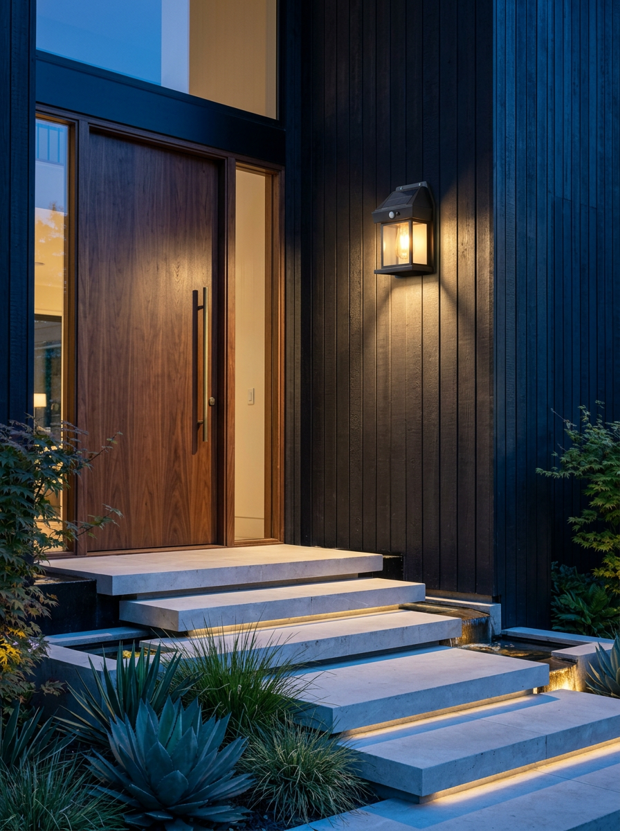 Solar motion sensor security light beside a modern timber entrance at dusk