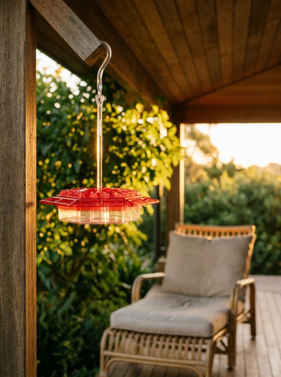 Hummingbird feeder hanging on a covered veranda in golden afternoon light