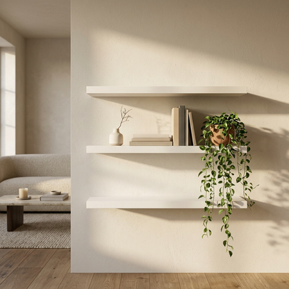 Three tier floating wall shelves styled with books and a plant