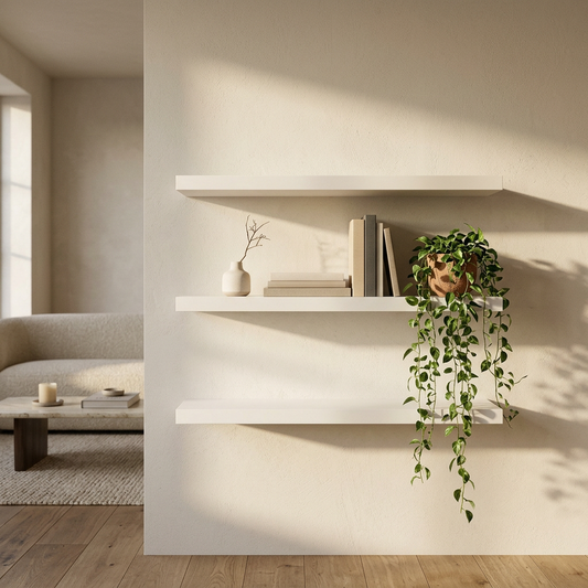 Three tier floating wall shelves styled with books and a plant