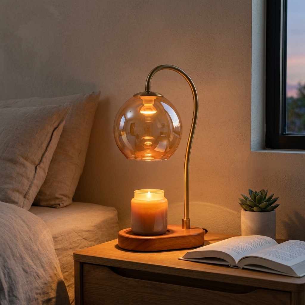 Candle warmer lamp on a bedside table at dusk