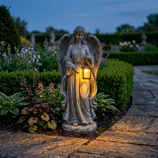 Angel solar pathway light glowing in a garden bed at dusk