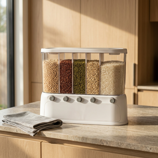 Airtight kitchen storage container on a stone benchtop