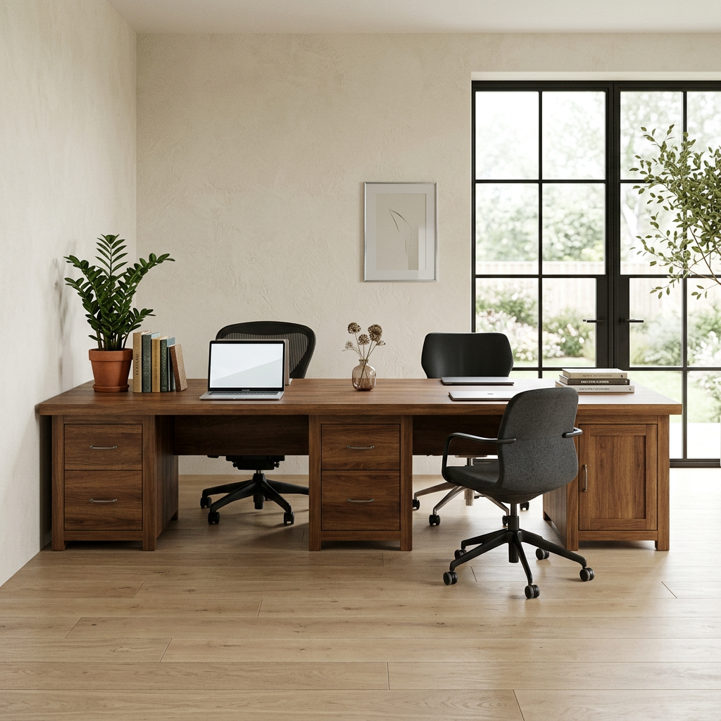 Two person home office desk in a bright home office