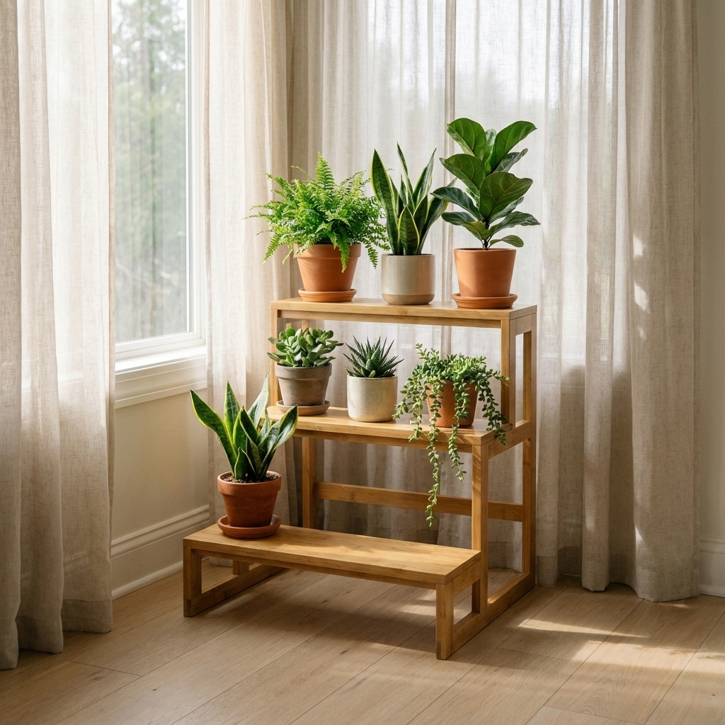 Three tier bamboo plant stand holding potted plants by a window