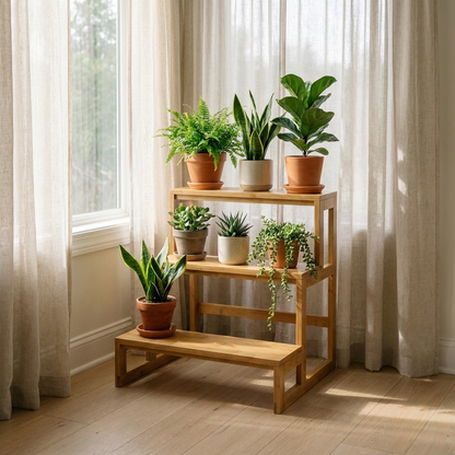 Three tier bamboo plant stand holding potted plants by a window