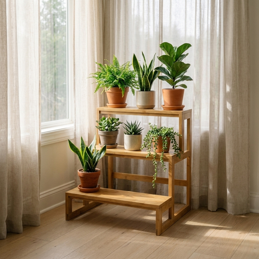 Three tier bamboo plant stand holding potted plants by a window