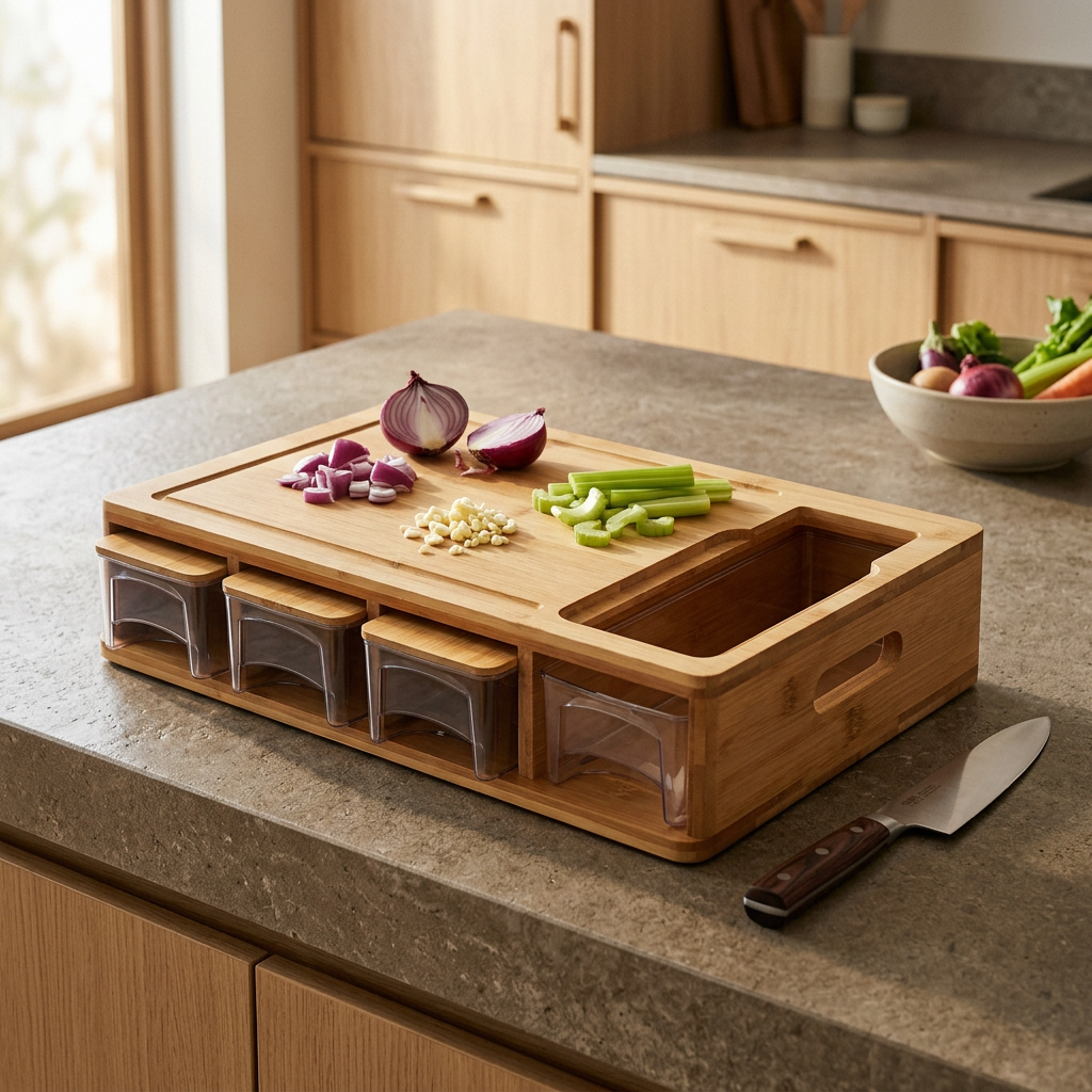 Bamboo cutting board with storage trays on a kitchen benchtop