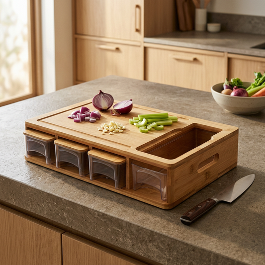 Bamboo cutting board with storage trays on a kitchen benchtop