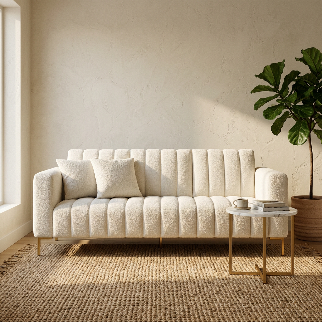Boucle sofa with gold legs in an elegant living room