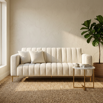 Boucle sofa with gold legs in an elegant living room
