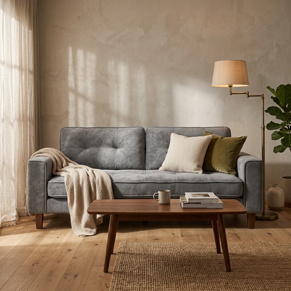 Grey chenille velvet sofa bed in a warm living room
