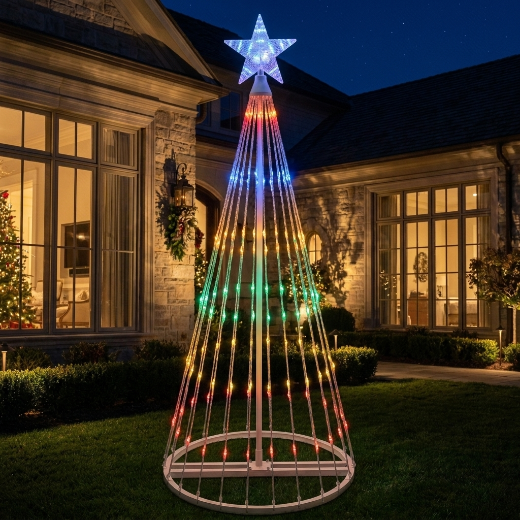 LED christmas tree light show on a lawn at night