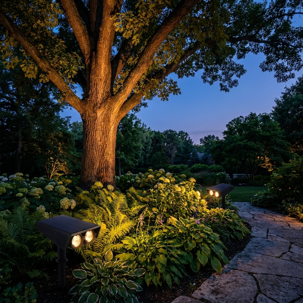 Colour changing solar spotlights uplighting a tree at twilight