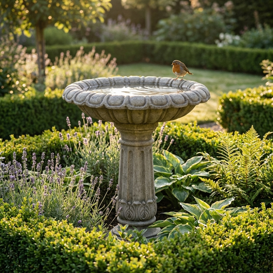 Pedestal bird bath in a manicured garden in morning light