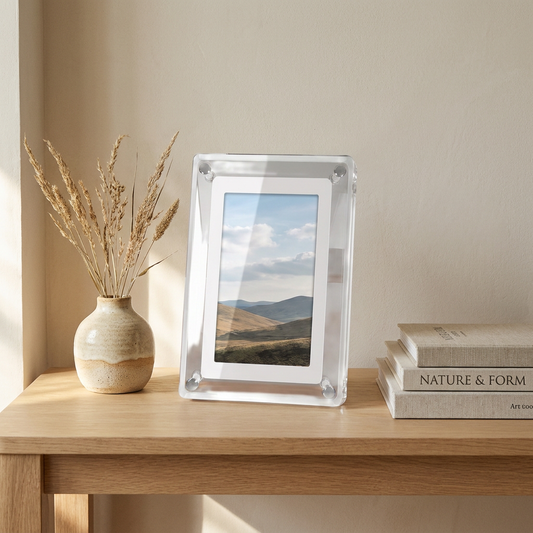 Acrylic digital photo frame on a console table in a living room