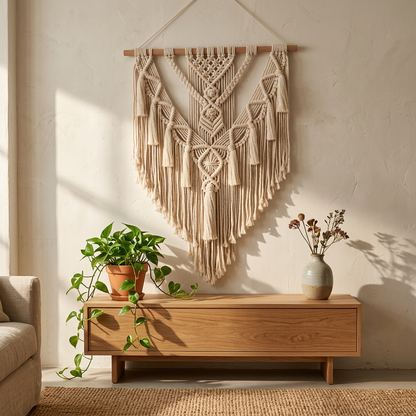 Macrame wall hanging above a timber console in a living room