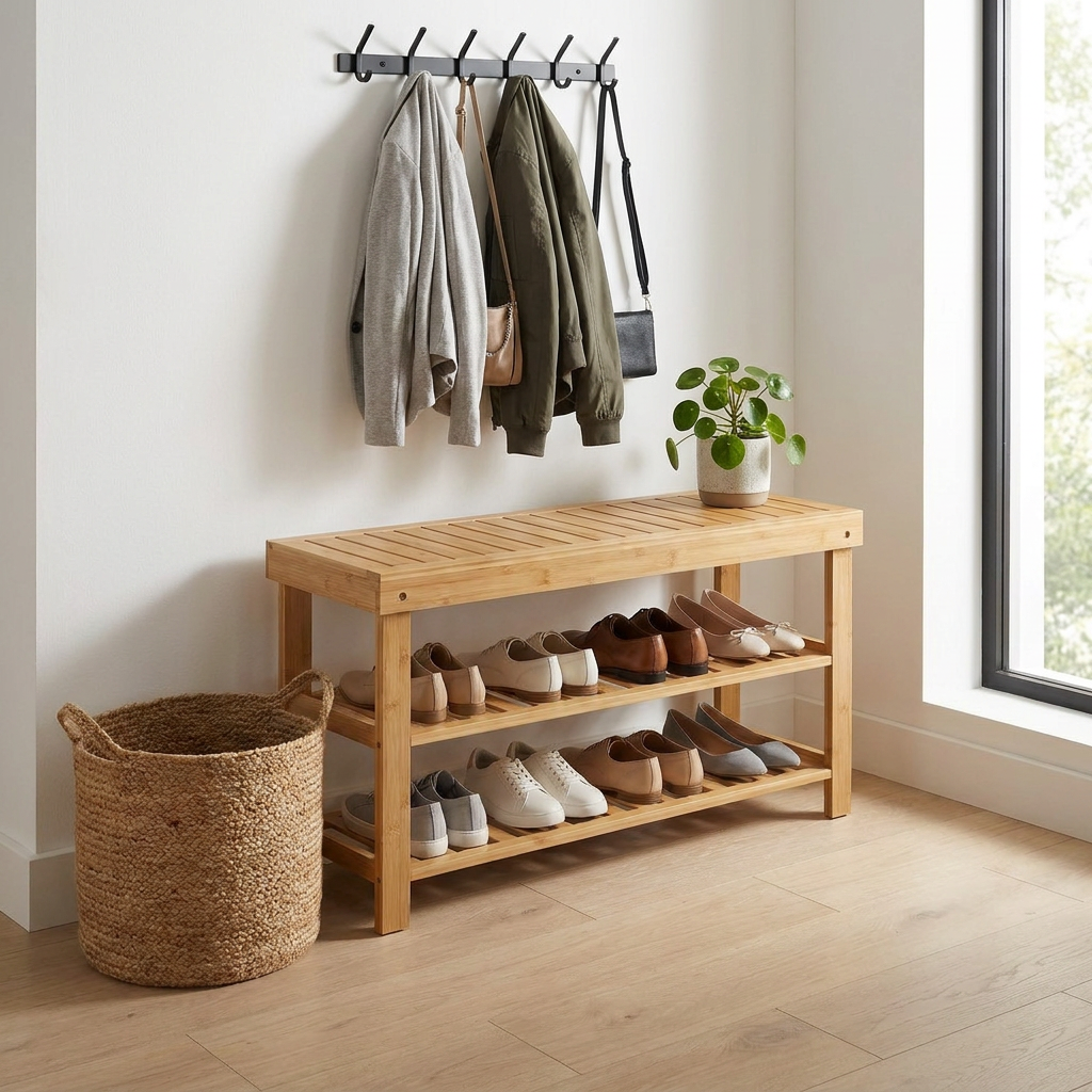 Bamboo shoe rack bench in a bright modern entryway