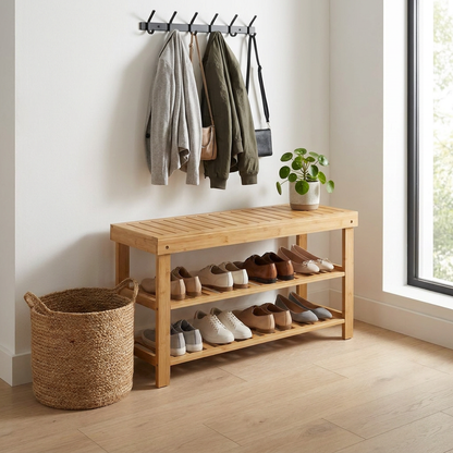 Bamboo shoe rack bench in a bright modern entryway