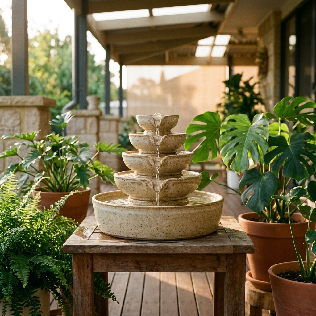 Ceramic tabletop water fountain on a patio table among plants