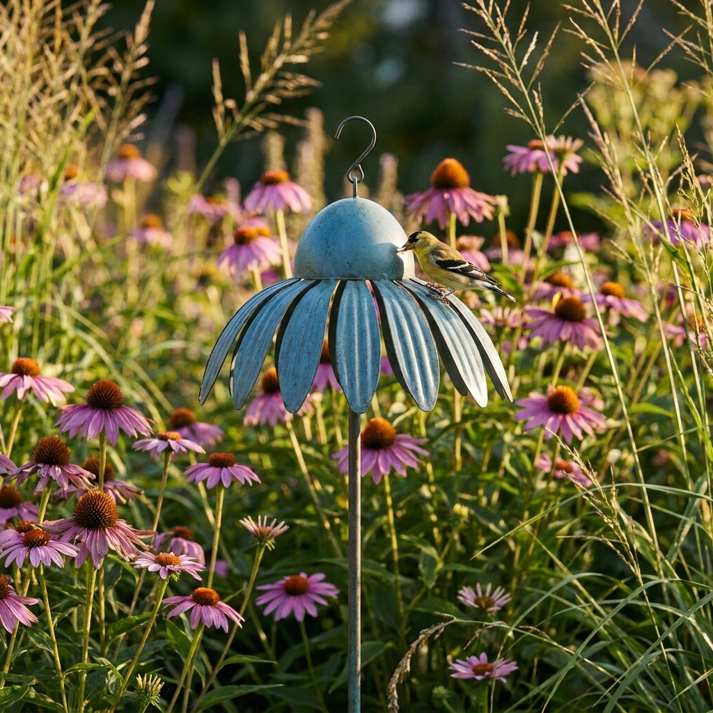 Coneflower bird feeder in a cottage garden with a finch feeding