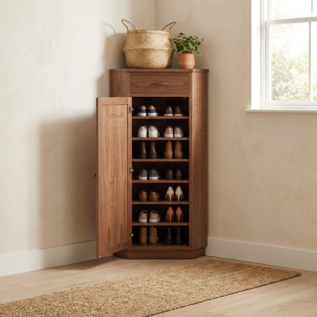 Walnut corner shoe cabinet in a modern entryway
