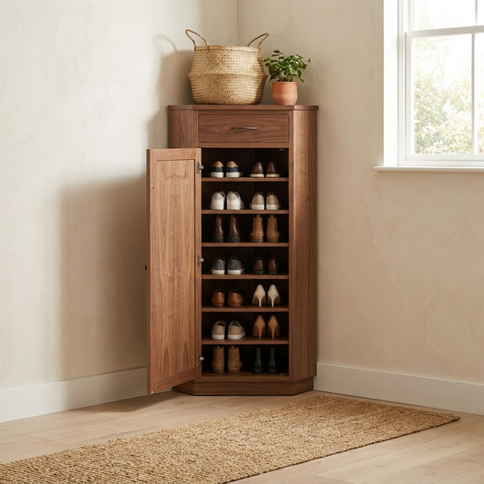 Walnut corner shoe cabinet in a modern entryway