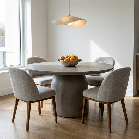 Concrete grey round dining table in a bright modern dining space
