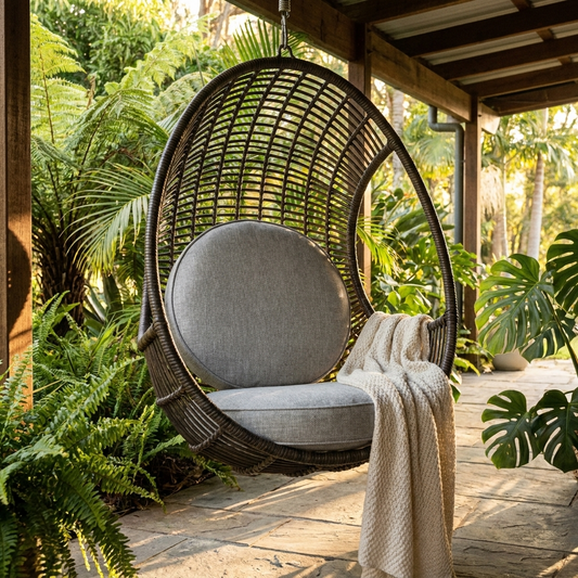 Egg chair cushion cover set fitted on a hanging chair on a patio