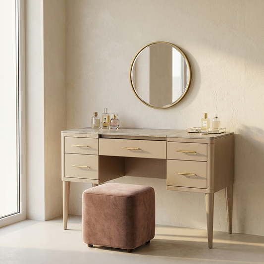 Champagne dressing table with five drawers in a modern bedroom