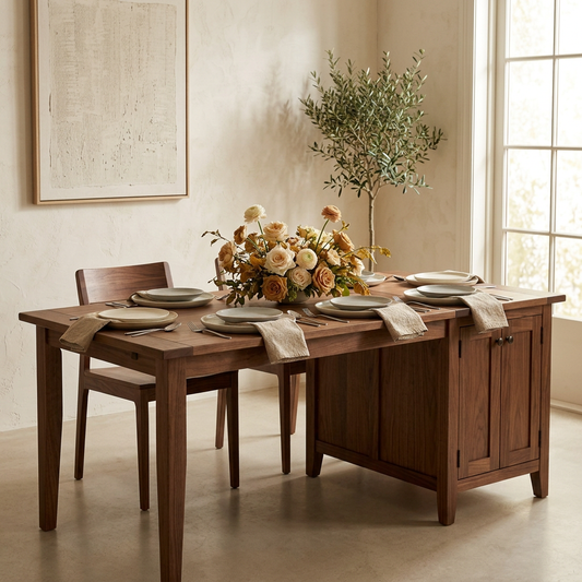 Extendable dining table and sideboard set for a meal