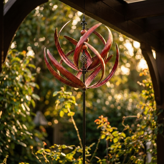 Garden wind chimes hanging from a veranda eave in afternoon light