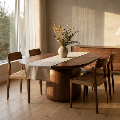 Warm walnut round dining table in a modern dining room