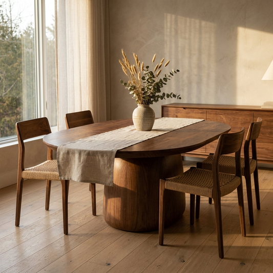 Warm walnut round dining table in a modern dining room