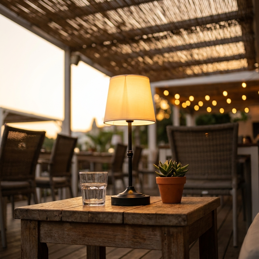 Dimmable cordless table lamp glowing on a terrace table at dusk